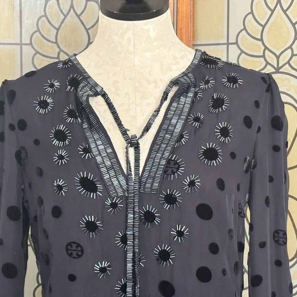 Tory Burch Angela Silk Velvet Dot Beaded Dark Navy Tunic Blouse Top Size 4